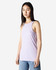 A lightweight lilac racerneck tank top with a fitted style, featuring a branding logo.