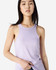 A light purple women's racerneck tank top with a fitted style and a branding logo.