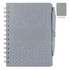 A grey notebook with a textured cover and a pen attached, displaying both the front and back sides.