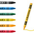 A set of six crayon sticks in blue, green, yellow, orange, red, and black, with a yellow crayon labeled "CRAYONS."
