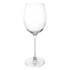 A clear, elegant wine glass standing on a smooth base, designed for serving wine. Features a simple logo.