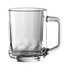 A clear glass mug with a sturdy handle, featuring a simple, classic design.