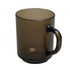 A drink mug in a smoky grey colour, featuring a sturdy handle, with a glossy finish and a branding logo.