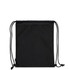 A black drawstring bag with two cords, featuring a logo on the front. Made from recycled materials.