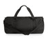 A black recycled light duffel bag with dual handles and a detachable shoulder strap, featuring a logo.
