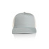 A grey and white trucker cap featuring a blank front panel and a curved brim, complete with a logo.