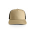 A beige trucker cap with a black mesh back and a structured front panel, featuring a logo on the front.