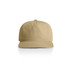 A beige cap with a flat brim and vents, featuring a logo on the front.