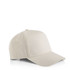 A beige cap featuring a curved brim and a fitted design, with a logo on the front.