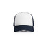 A two-tone trucker cap featuring a white front panel and navy mesh sides. It includes a logo on the front.