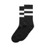 Two pairs of black socks with white stripes, featuring a logo on one sock.