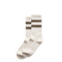 Two pairs of cream-coloured socks featuring brown stripes, designed for comfort. Each pair has a logo.