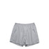 Striped grey boxer shorts with an elastic waistband and a front opening. The product features a logo.