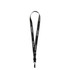 A black lanyard featuring a logo, designed for events and exhibitions, with a clip for attaching items.