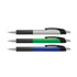 Three plastic pens featuring grey, green, and blue barrels with black grips, and chrome accents. The pens have a logo.