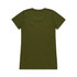 An olive green T-shirt featuring a simple design and a subtle logo at the back.
