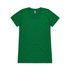 A green T-shirt with a round neckline and short sleeves. It features a logo on the label.