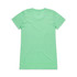 A mint green t-shirt with a crew neck and short sleeves, featuring a logo on the back.