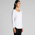 A long-sleeve white t-shirt in a fitted style, featuring a scoop neck and a subtle logo.