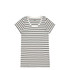 A striped tee in white with black stripes, featuring a v-neck and short sleeves. Includes a branding logo.