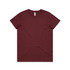 A maroon basic tee, short-sleeved with a round neckline. The shirt features a logo on the tag.
