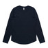 A long-sleeved, navy blue t-shirt with a rounded hem and a brand logo.