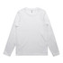 A long-sleeve white T-shirt with a round neckline and a branding logo.