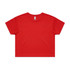 A red crop tee with short sleeves, featuring a logo on the label.