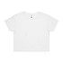 A white cropped t-shirt with a branding logo, featuring a relaxed fit and short sleeves.