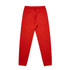 A pair of red track pants with an elastic waistband and drawstring, featuring side pockets.
