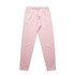 A pair of light pink track pants featuring an elastic waistband and cuffed ankles. The pants has a branding logo.