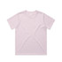 A pale pink t-shirt with a round neckline and short sleeves, featuring a logo on the label.