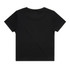 A black organic rib tee with short sleeves and a round neckline. It features a logo on the back.