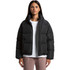 A puffer jacket in black, featuring a zip front and a relaxed fit, worn by a model against a plain background.