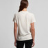 A plain white T-shirt with a back view, featuring a simple design and a logo.