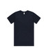 A navy blue organic t-shirt with short sleeves and a branding label on the neck.