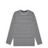 A long-sleeve tee featuring alternating black and grey stripes, with a crew neckline and branding.