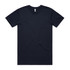A navy basic t-shirt featuring a crew neck and short sleeves, with a label on the neckline.