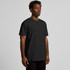 A black T-shirt is displayed on a model, featuring a relaxed fit and a logo on the front.
