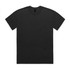 A black heavy faded tee shirt with a round neckline and short sleeves. It features a logo.