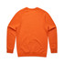 An orange jumper with a crew neckline and long sleeves, featuring a plain back. It has a logo on it.