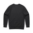 A dark grey sweater featuring a classic crew neckline and long sleeves, with a plain back and a logo.