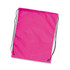 A bright pink drawstring backpack with black cords for closure and adjustable straps. It features a simple design.