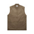 A heavy vest in olive green with a front zip and two large pockets. It features a branding logo.