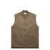 A heavy canvas vest in khaki colour with a front zip and two large pockets. It features a branding label inside.