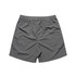 A pair of grey swim shorts with an elastic waistband and a simple design. Features a logo on the back.