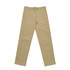 Beige slacks with a straight leg cut, featuring a waistband and belt loops. Includes a logo on the waistband.