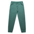 Faded green track pants with an elastic waistband and side pockets, featuring a logo.