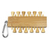 A bamboo golf tee set featuring multiple beige tees attached to a wooden holder with a carabiner.
