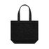 A black tote bag with two sturdy handles and a simple design. The bag features a branding logo.